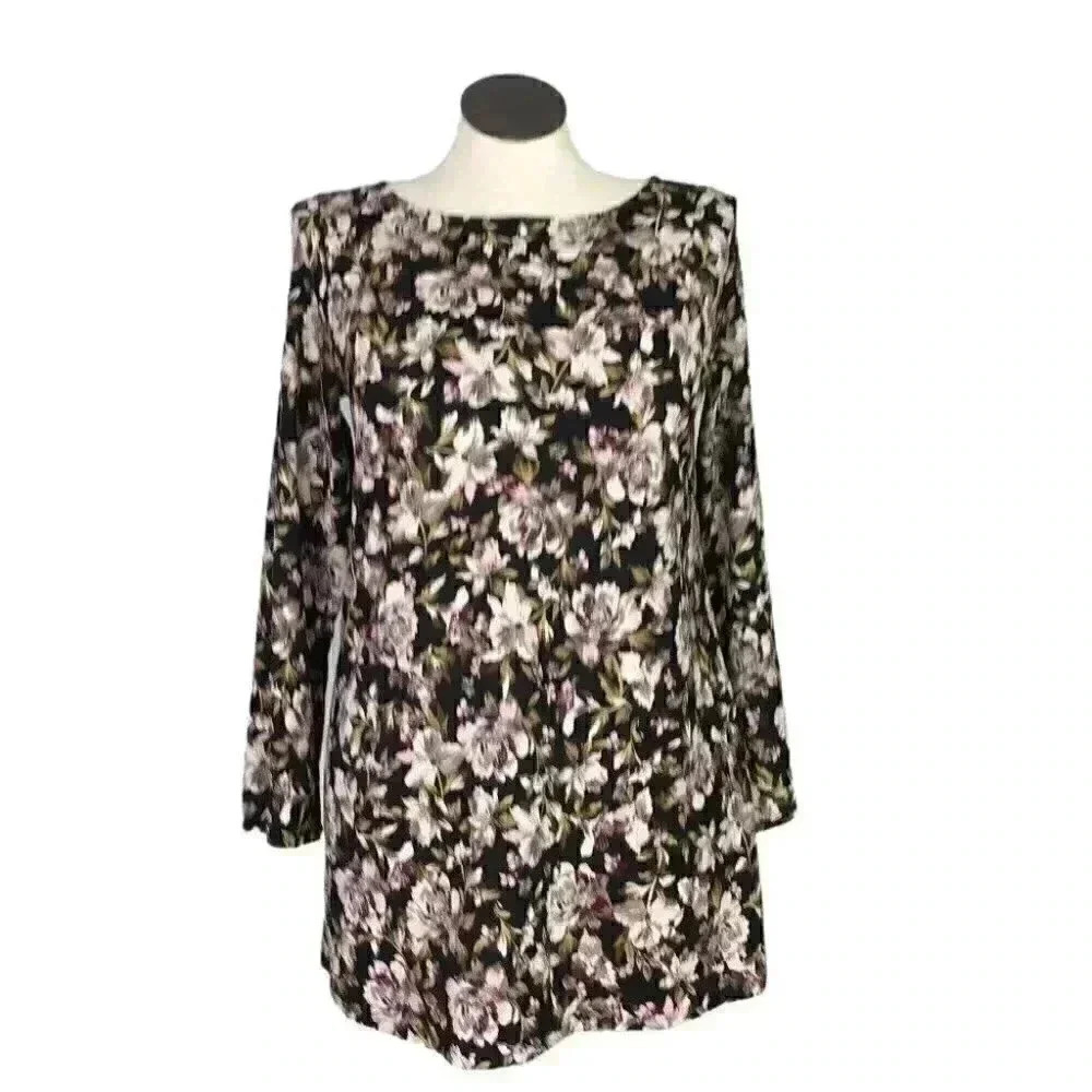 J Jill Luxe Supima Womens M Floral Boat Neck Tee Top Relaxed Cotton Blend Black